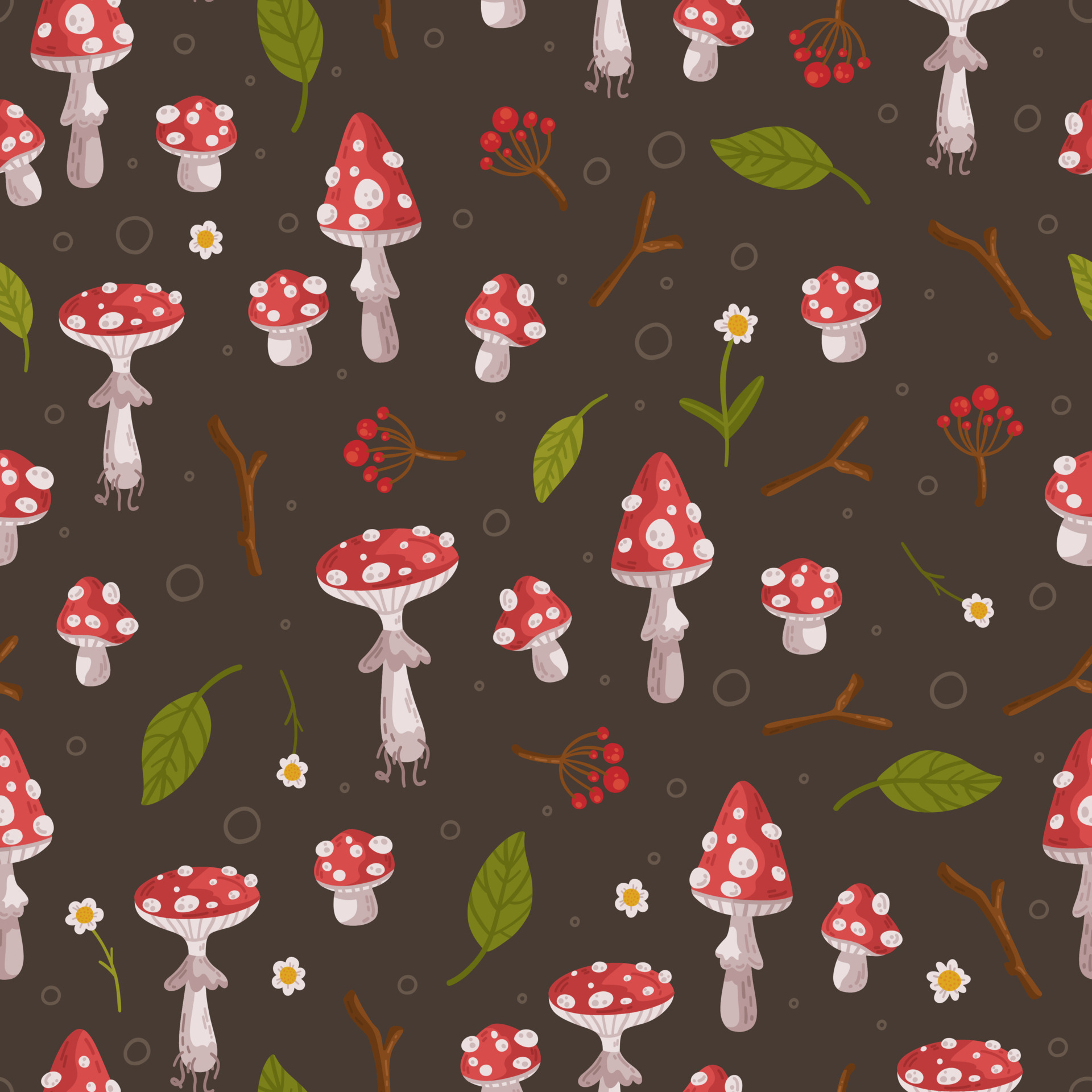 A fly swatter pattern on a brown background. Fly agaric mushrooms