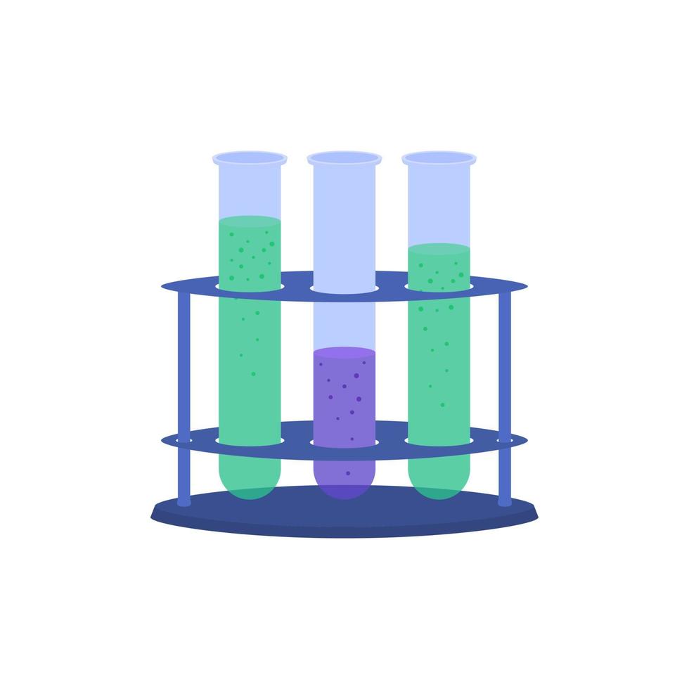 Vector illustration of chemical test tubes with acids. Tripod with flasks for experiments.