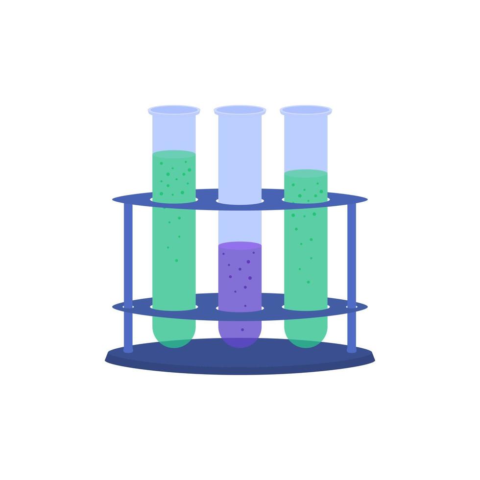 Vector illustration of chemical test tubes with acids. Tripod with flasks for experiments.