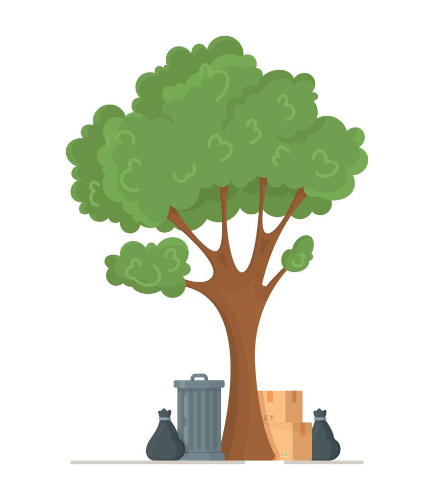 Vector illustration of a tree with a trash point nearby. Garbage can in a flat style.