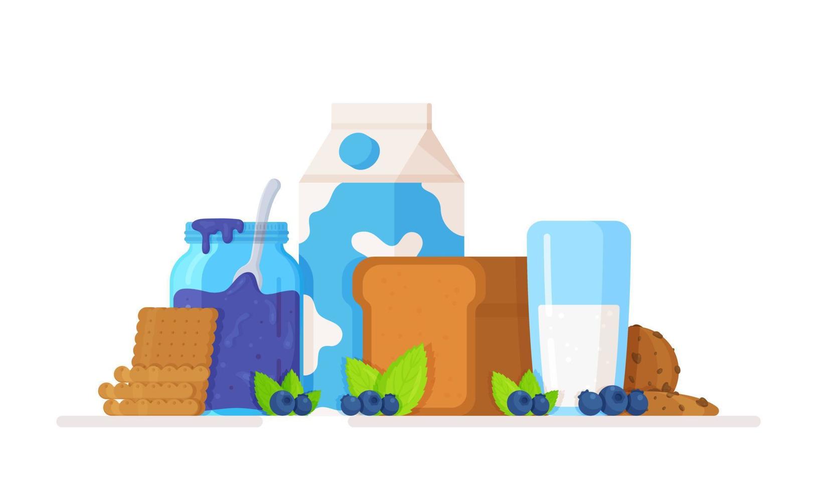 Vector illustration of a dairy snack. Milk, bread, and berry jam.