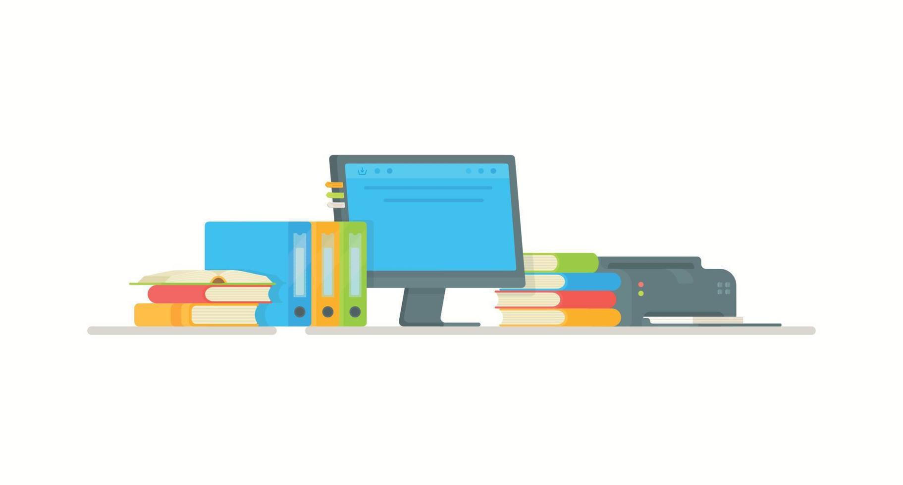Vector illustration of a school student's workplace. A computer with books and folders.