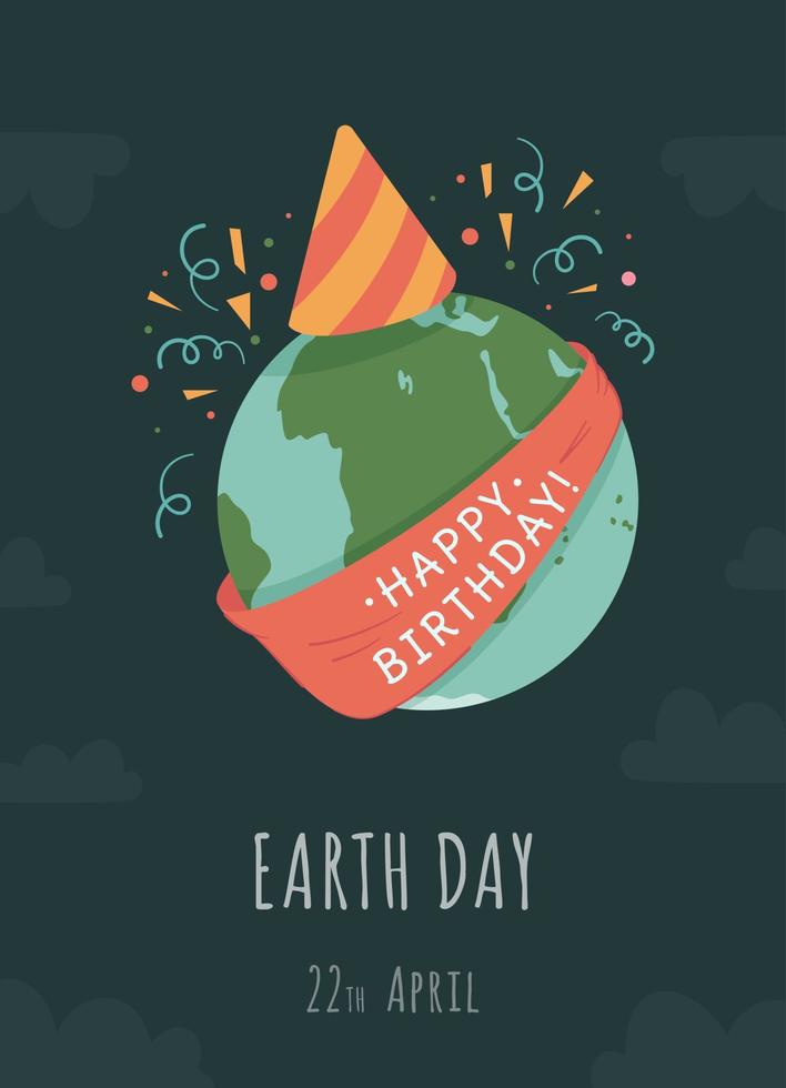 tarjeta de felicitación del día de la tierra. ilustración vectorial del 22 de abril. la tierra está celebrando su cumpleaños. vector