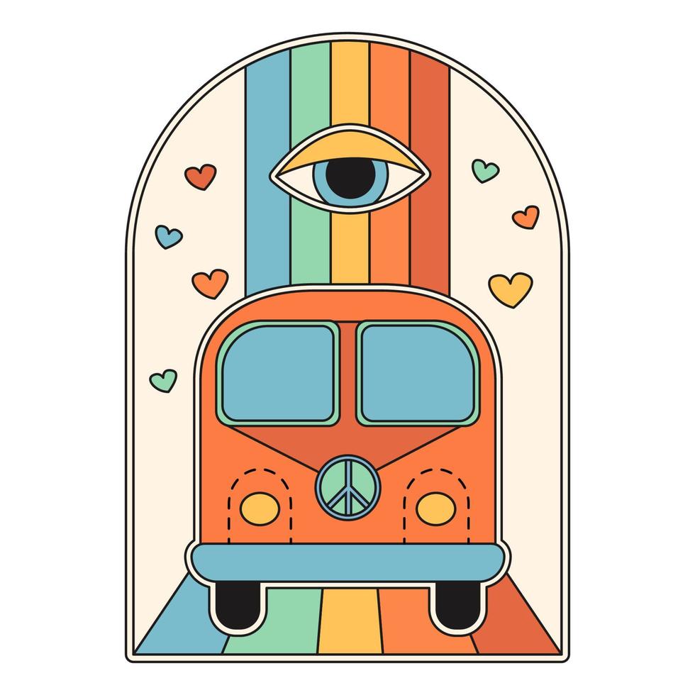 Hippie bus driving on a rainbow. All-seeing eye. Outline style, 70s vector