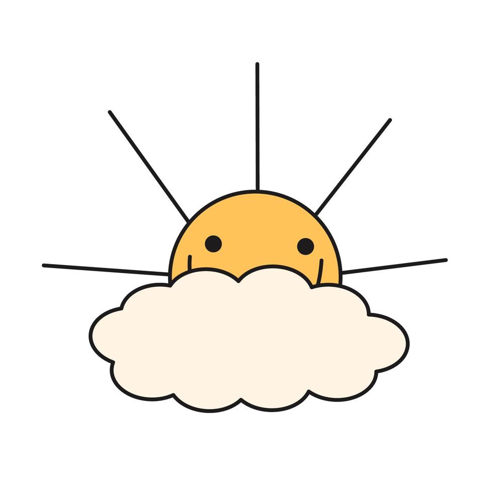 nube con sol. estilo de contorno, años 70. vector de tendencia