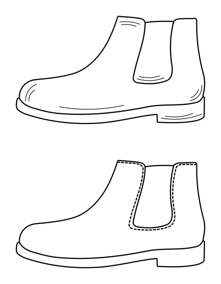 Silhouette outline sketch drawing of mens chelsea boots. Model of mens shoes. Isolated vector