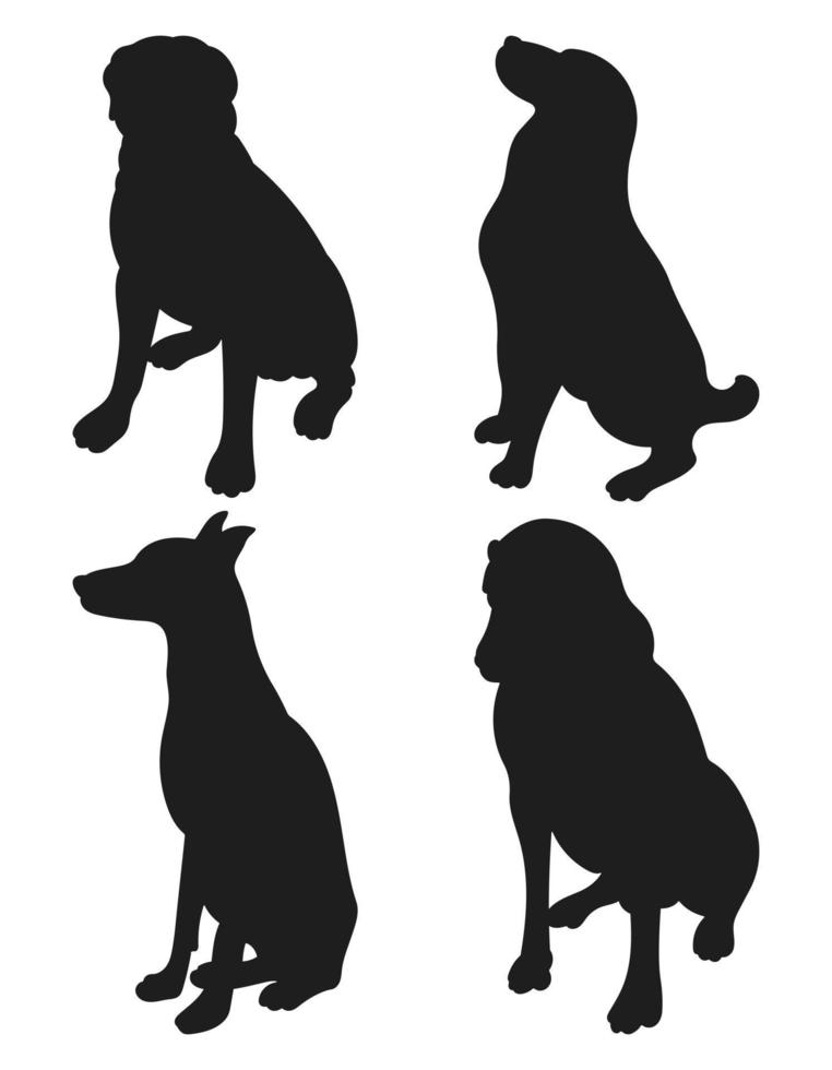 perros de silueta sentados en diferentes poses, paquete dibujado a mano de formas y figuras de mascotas, vector aislado
