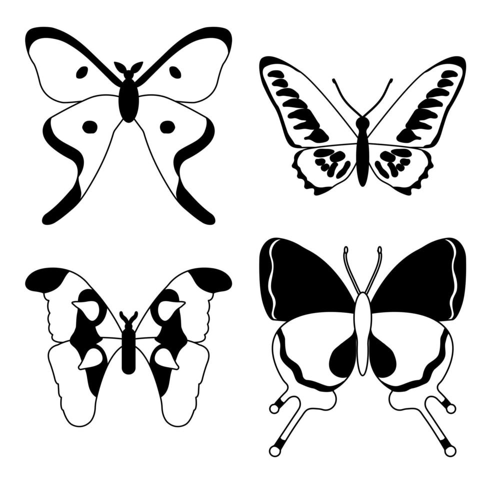 conjunto vectorial de mariposas en un fondo blanco, dibujando insectos decorativos, dibujo a mano de siluetas, vector aislado