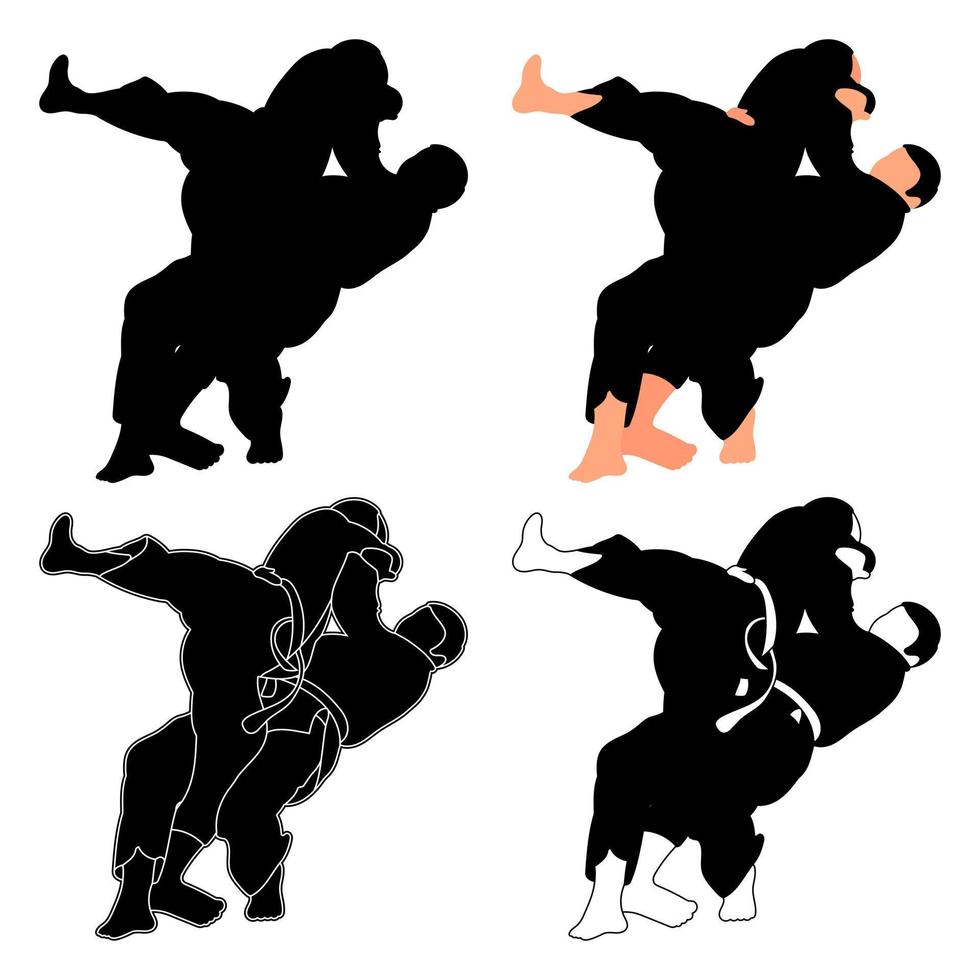 siluetas judoista, judoka, luchador en un duelo, lucha, deporte de judo, arte marcial, paquete de siluetas deportivas vector