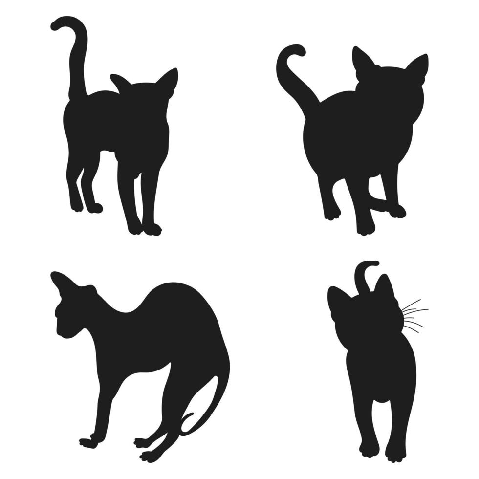 silueta de gatos de pie, corriendo, caminando en diferentes posiciones, paquete dibujado a mano de formas y figuras de mascotas, vector aislado