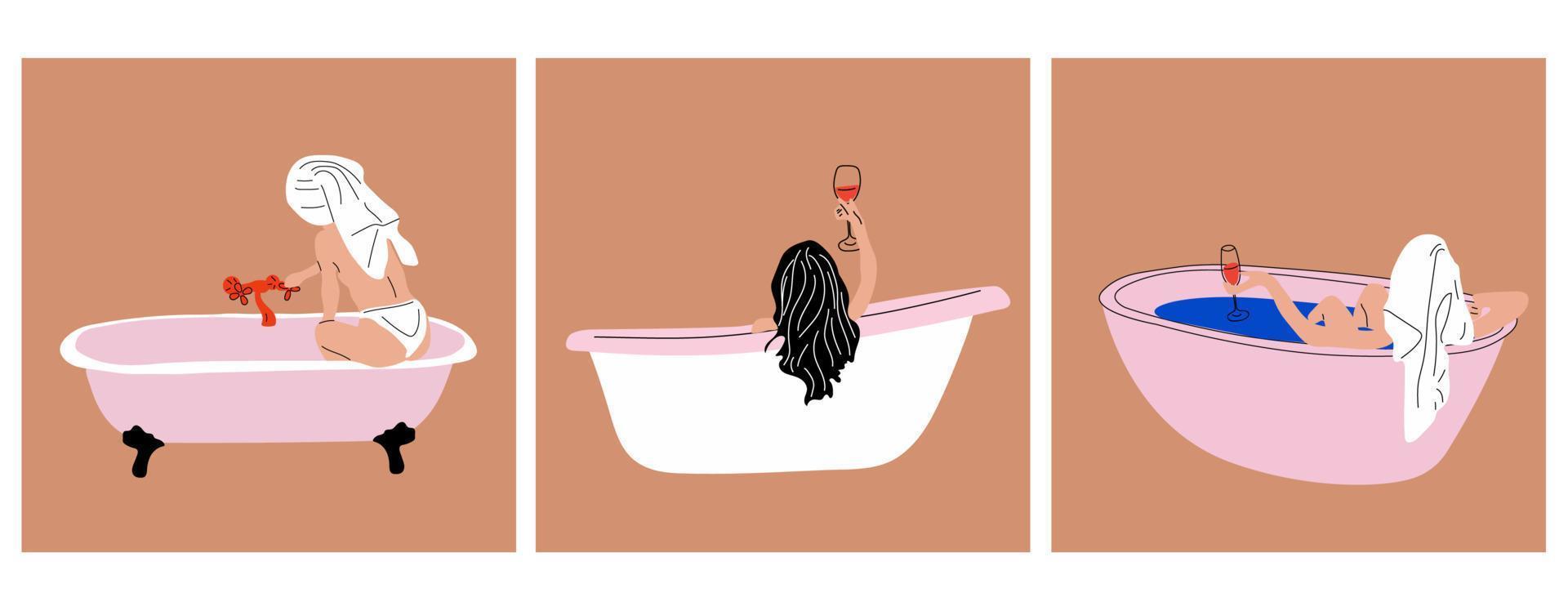 Set of three Woman taking a relaxing bubble bath and read book, side view. Vector in cartoon style. All elements are isolated