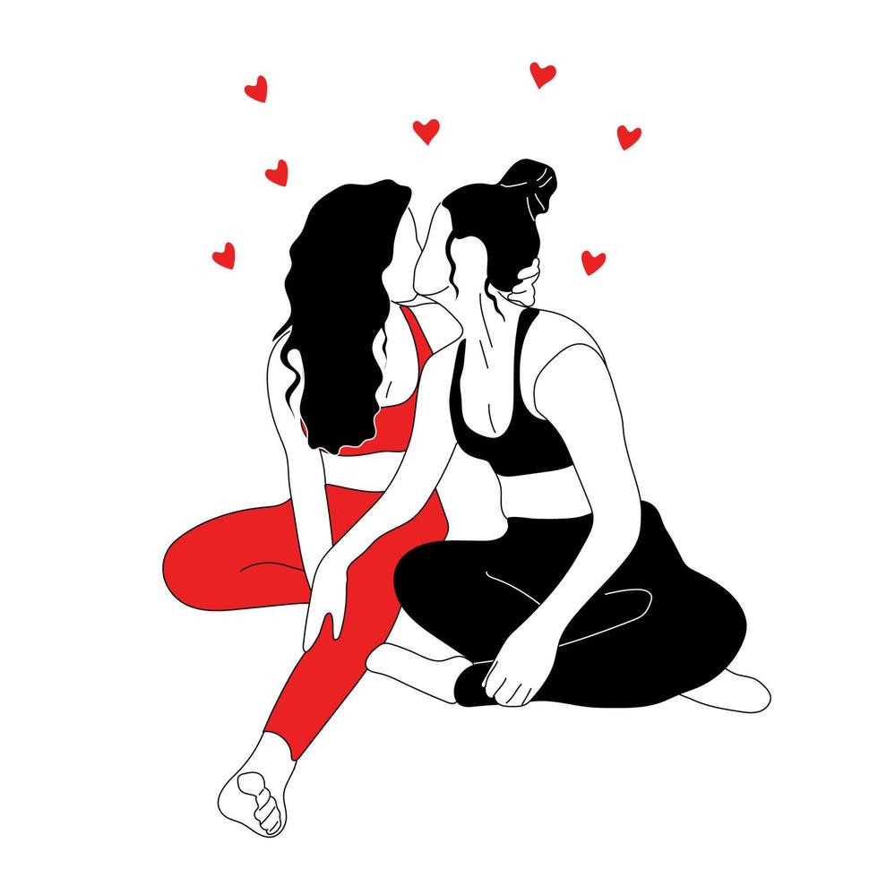 Female characters looking at each other. Lesbian couple in love. Concept of female tenderness and passion. LGBT romantic relationship vector