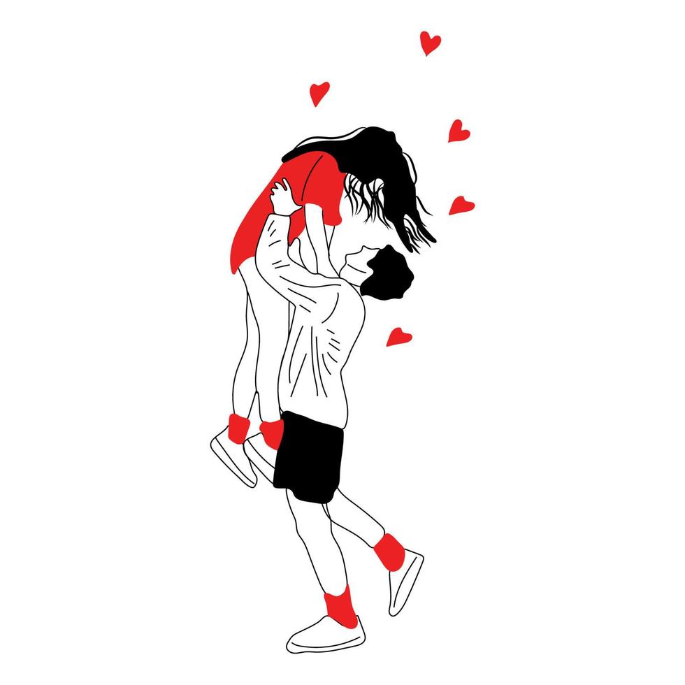 Love tenderness and romantic feelings concept. Young loving smiling couple boy and girl standing hugging each other feeling in love illustration vector