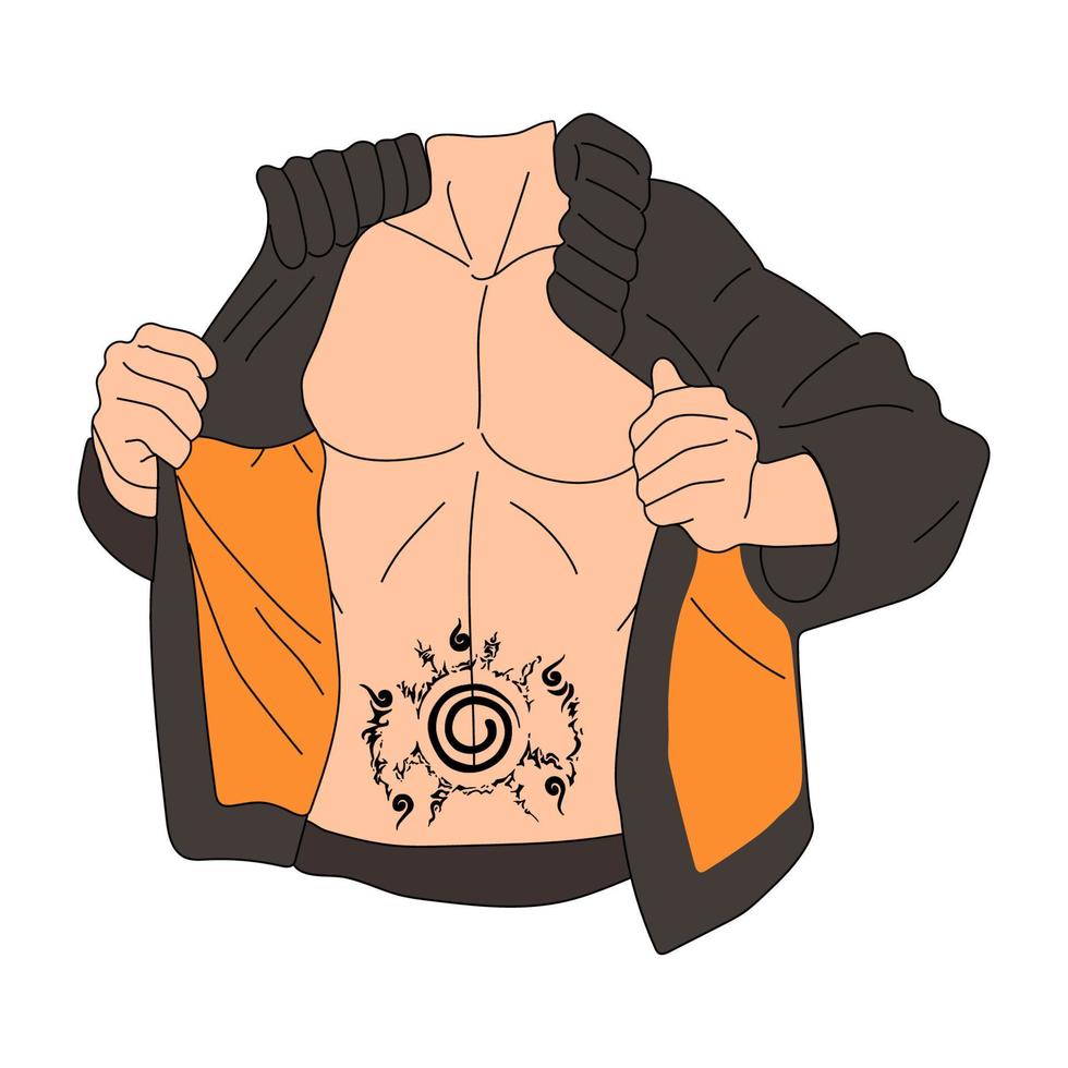 Torso musculoso con iconos de sello de trigramas aislados sobre fondo blanco. ilustración vectorial de stock de símbolo de estilo anime. vector