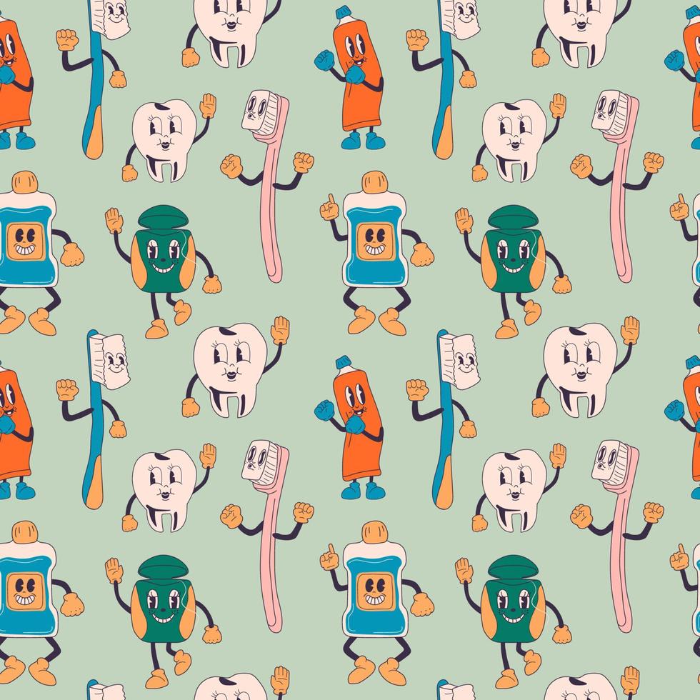 Seamless pattern with Dental instruments and teeth hygiene items in retro cartoon style illustration, vintage character vector illustration . Toothpaste, brush, floss, mouthwash, tooth