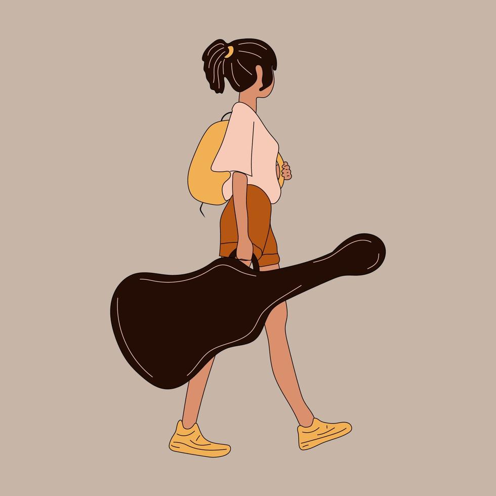 jovencita con estuche de guitarra. ilustración vectorial estilo animado vector