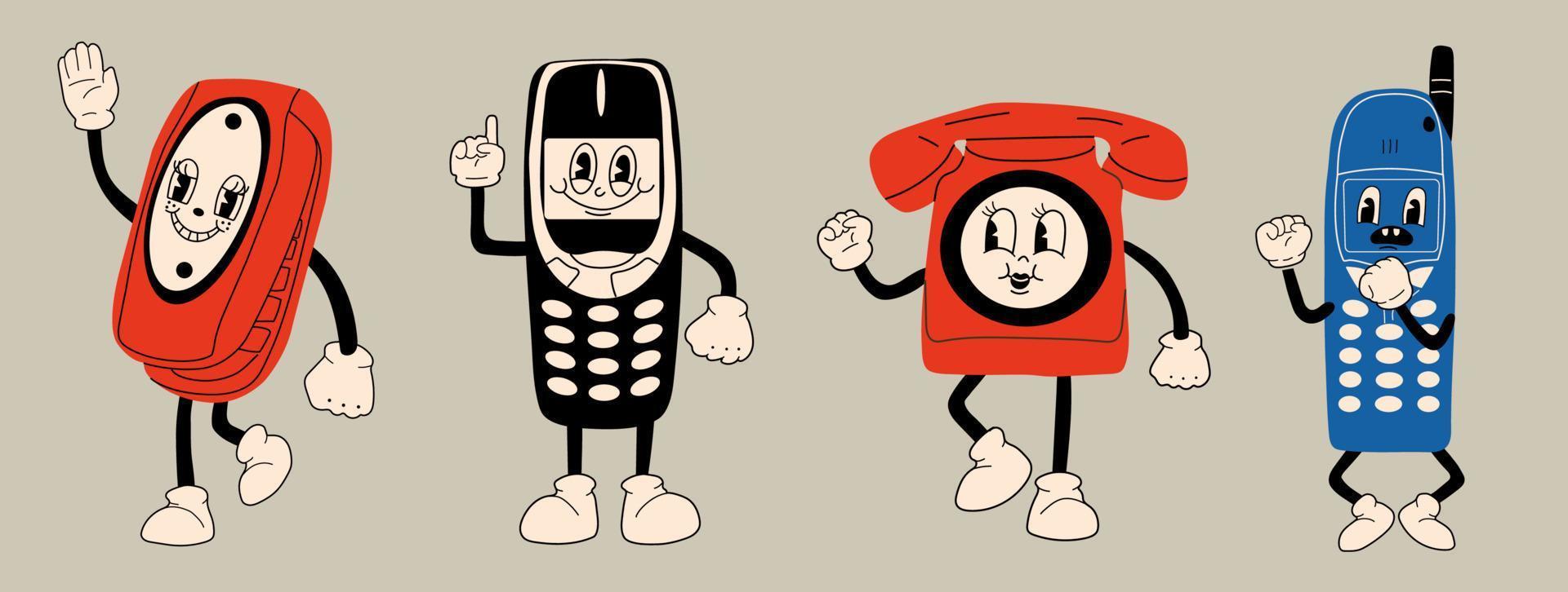 conjunto de tres teléfonos antiguos con antena, teléfono plegable. lindo personaje de dibujos animados con manos, piernas, ojos. estilo cómico retro. vector