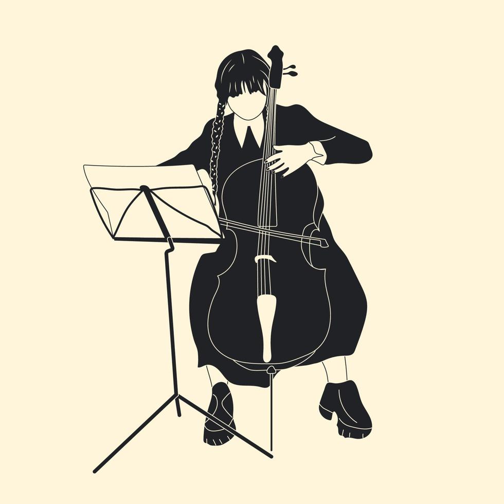 Wednesday plays the cello. Hand drawn Vector illustrations