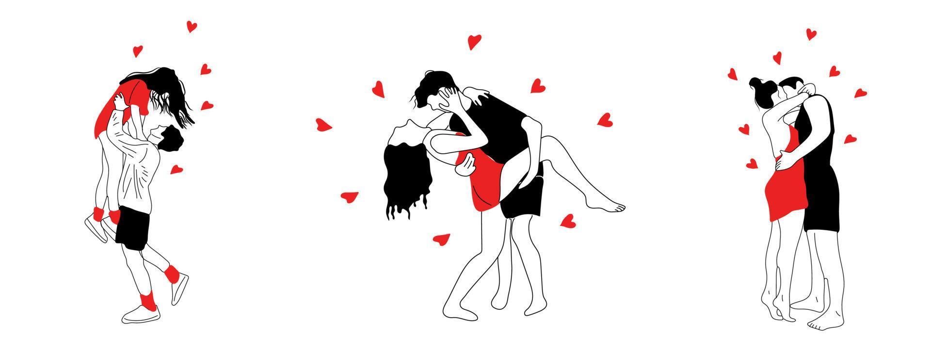 Set of three Love tenderness and romantic feelings concept. Young loving smiling couple boy and girl standing hugging each other feeling in love illustration vector