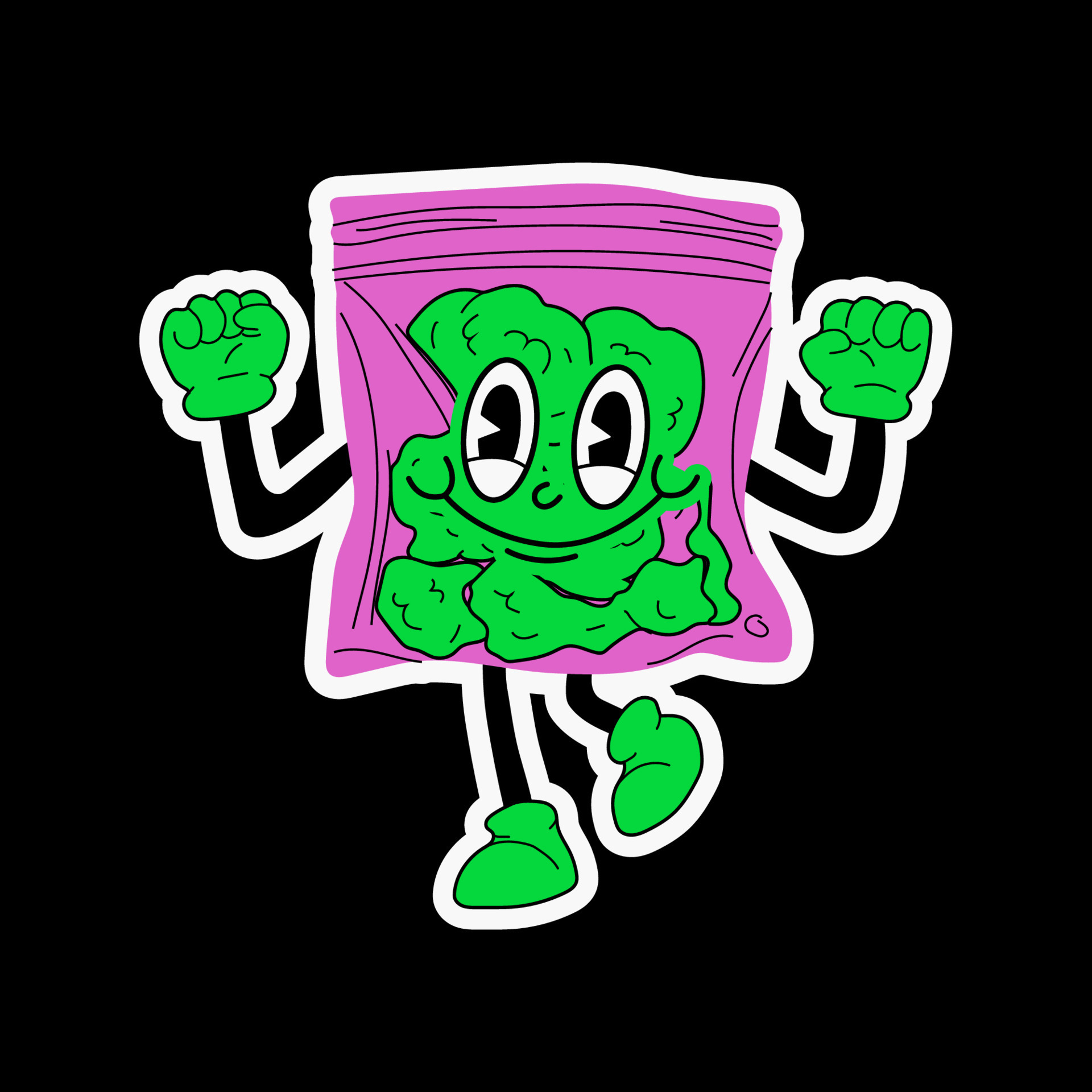 Plastic bag. Cartoon mascot character. Medical cannabis, weed