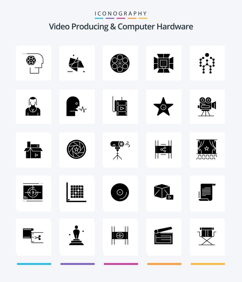 Creative Video Producing And Computer Hardware 25 Glyph Solid Black icon pack  Such As lighting. illumination. motion. tape. reel vector