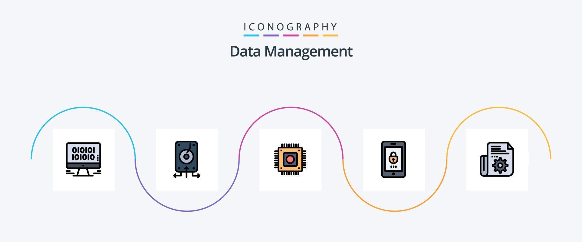 Data Management Line Filled Flat 5 Icon Pack Including document. mobile. storage. lock. computer vector