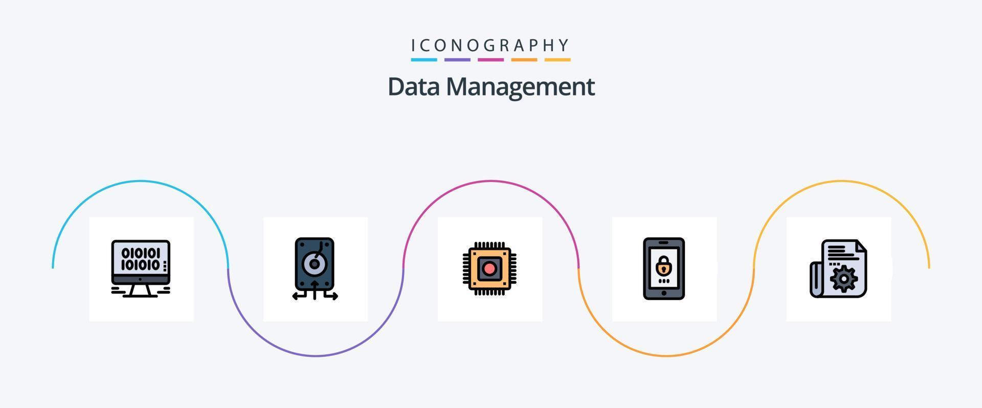 la línea de gestión de datos llenó el paquete de iconos planos 5 que incluye el documento. móvil. almacenamiento. cerrar con llave. computadora vector