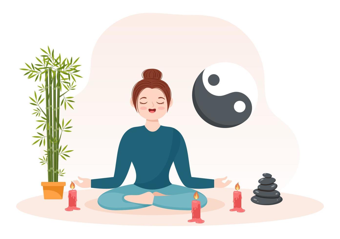 filosofía oriental feng shui con piedras, personas y plantas para la energía positiva de cinco elementos en dibujos animados planos dibujados a mano ilustración de plantillas vector