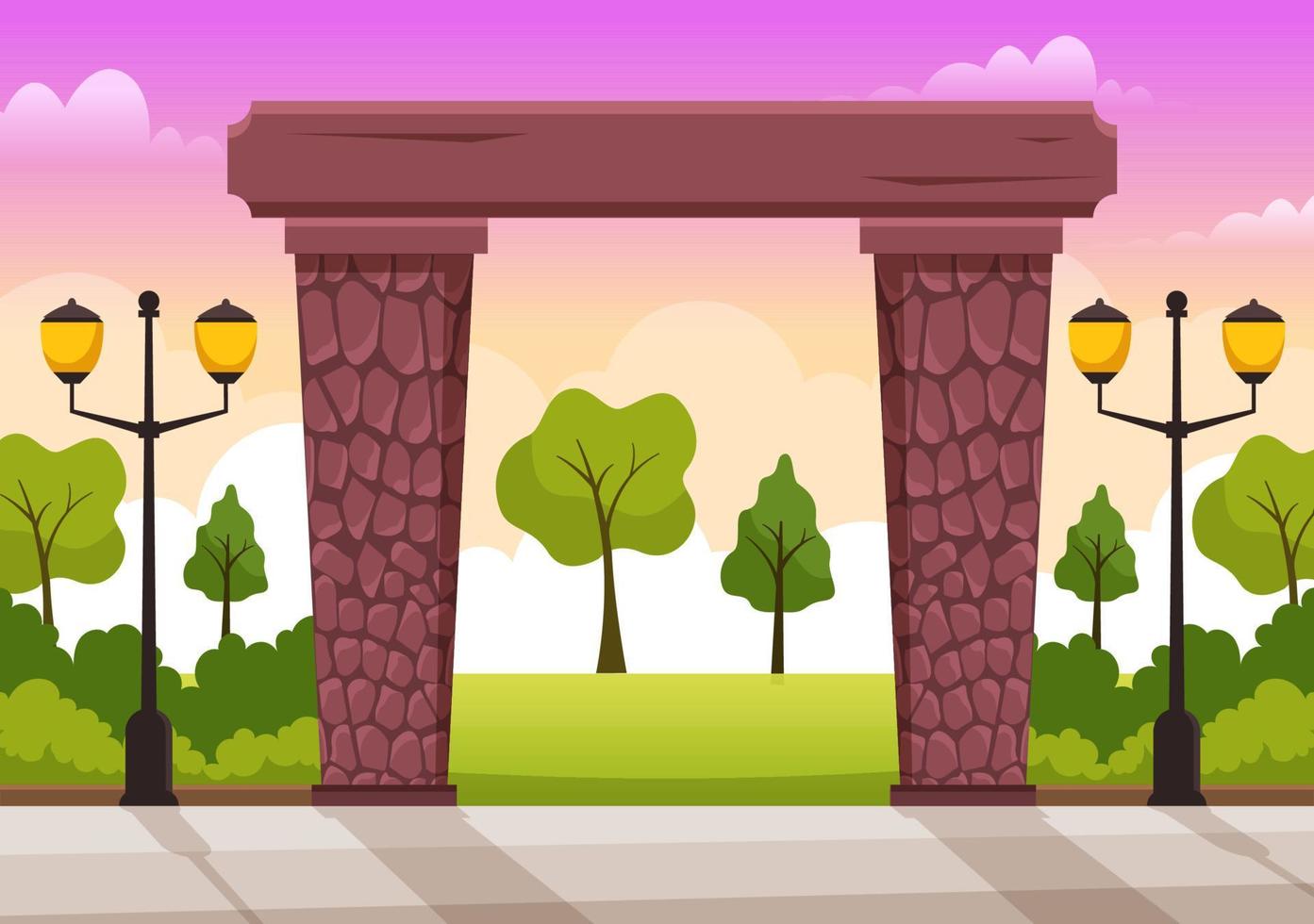 portal con entrada de arco de piedra de paisaje de verano al parque público, hierba verde o jardín en dibujos animados planos ilustración de plantilla dibujada a mano vector