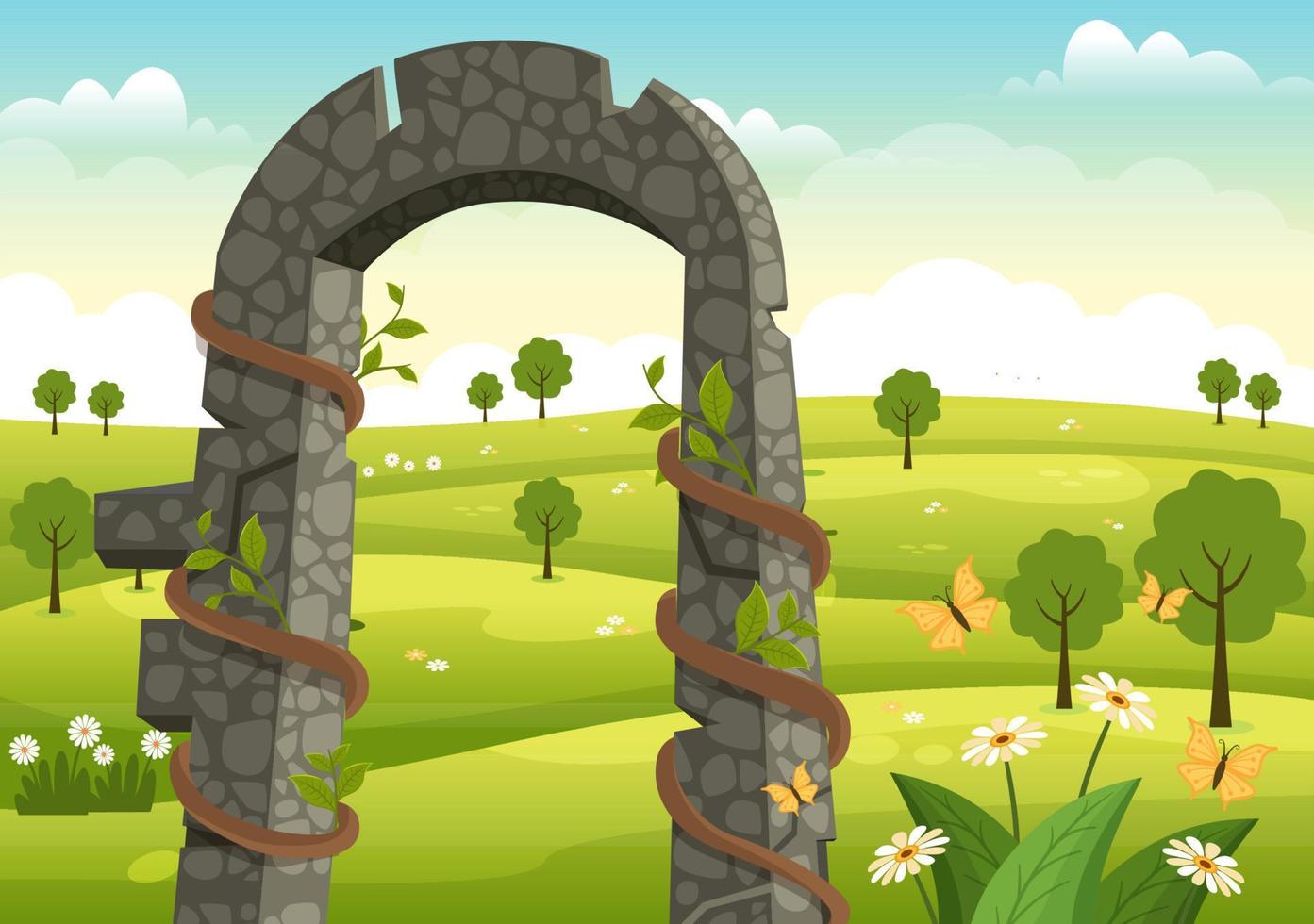 Portal with Summer Landscape Stone Arch Entrance to Public Park, Green Grass or Garden in Flat Cartoon Hand Drawn Template Illustration vector