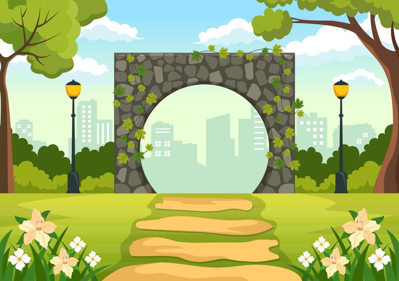 portal con entrada de arco de piedra de paisaje de verano al parque público, hierba verde o jardín en dibujos animados planos ilustración de plantilla dibujada a mano vector
