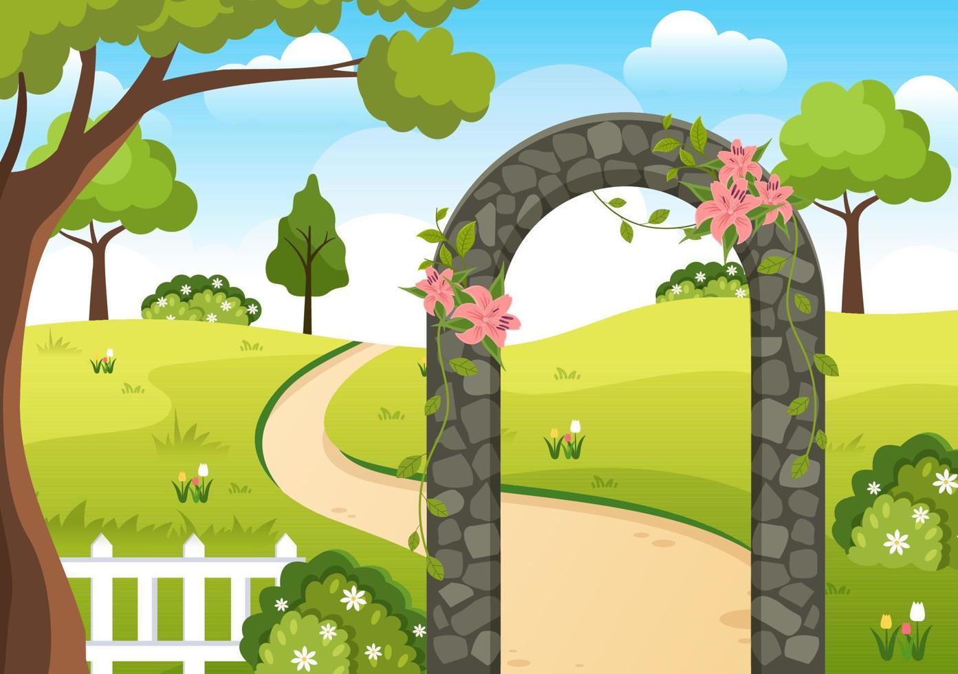 portal con entrada de arco de piedra de paisaje de verano al parque público, hierba verde o jardín en dibujos animados planos ilustración de plantilla dibujada a mano vector