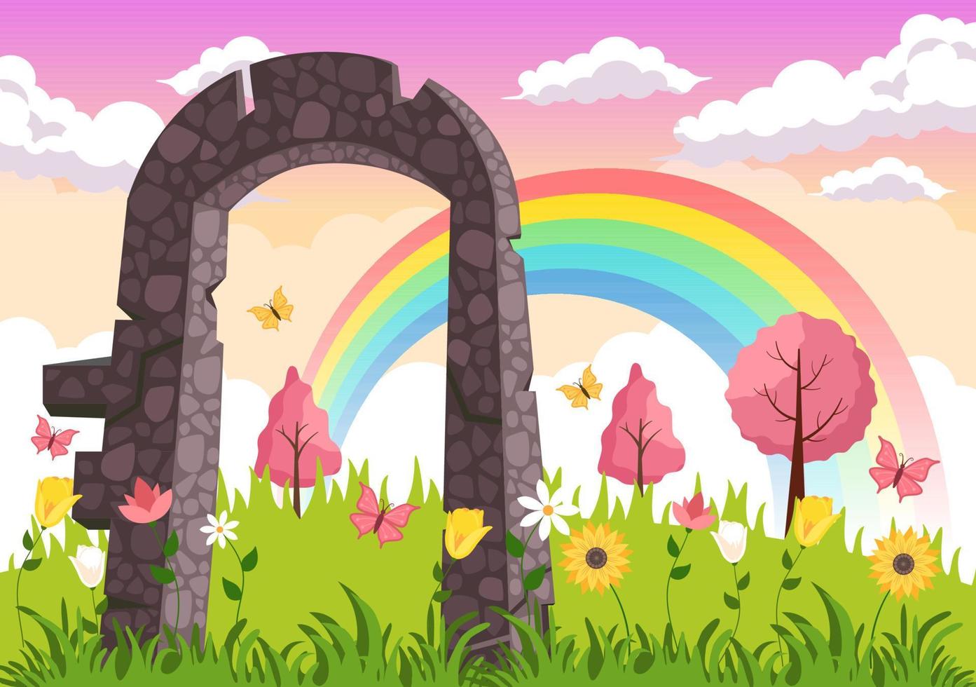 portal con entrada de arco de piedra de paisaje de verano al parque público, hierba verde o jardín en dibujos animados planos ilustración de plantilla dibujada a mano vector