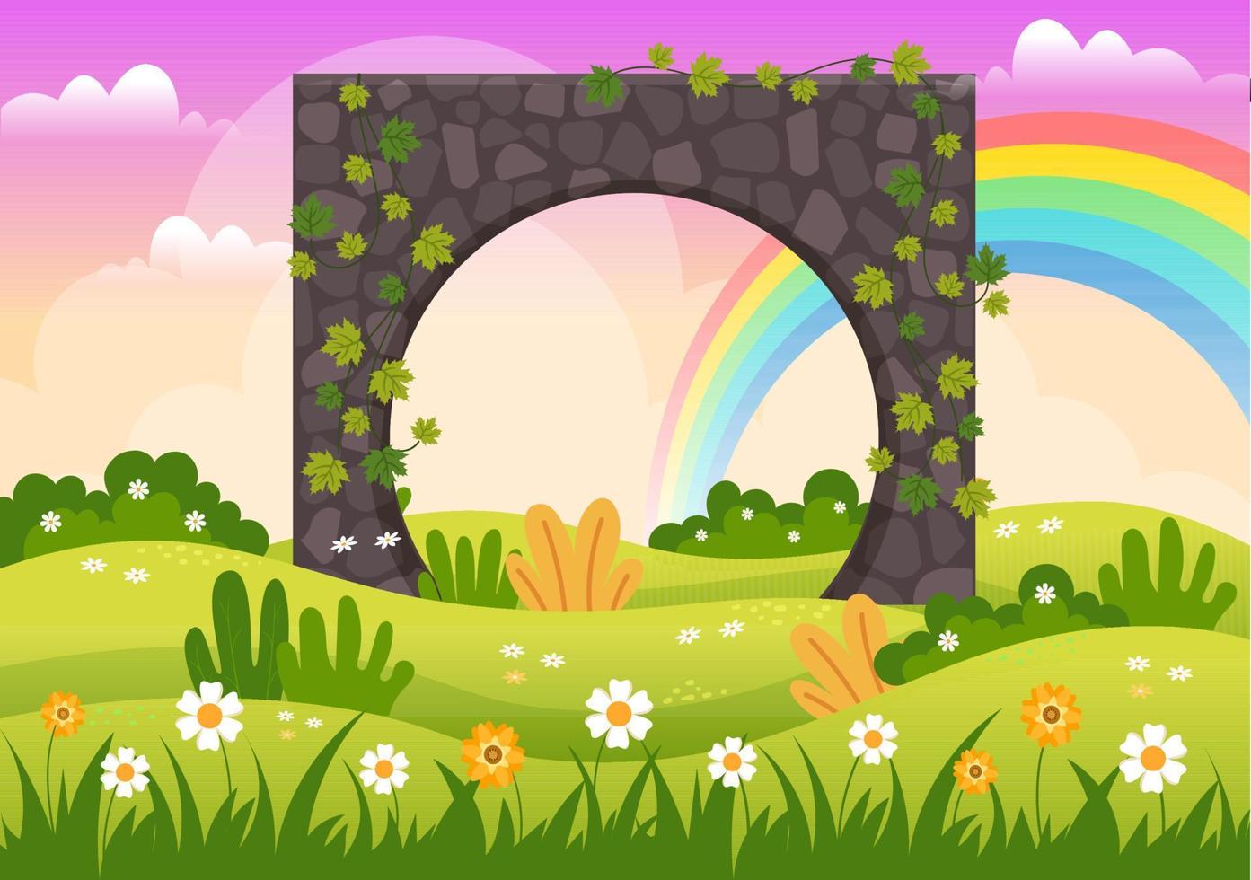 portal con entrada de arco de piedra de paisaje de verano al parque público, hierba verde o jardín en dibujos animados planos ilustración de plantilla dibujada a mano vector