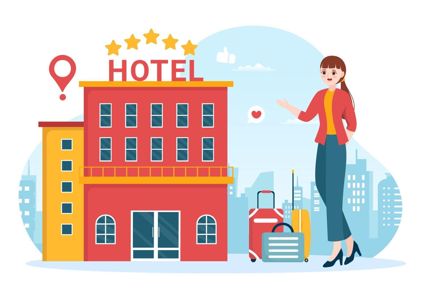 revisión de hotel con servicio de calificación, satisfacción del usuario con el cliente calificado, producto o experiencia en ilustración de plantillas dibujadas a mano de dibujos animados planos vector