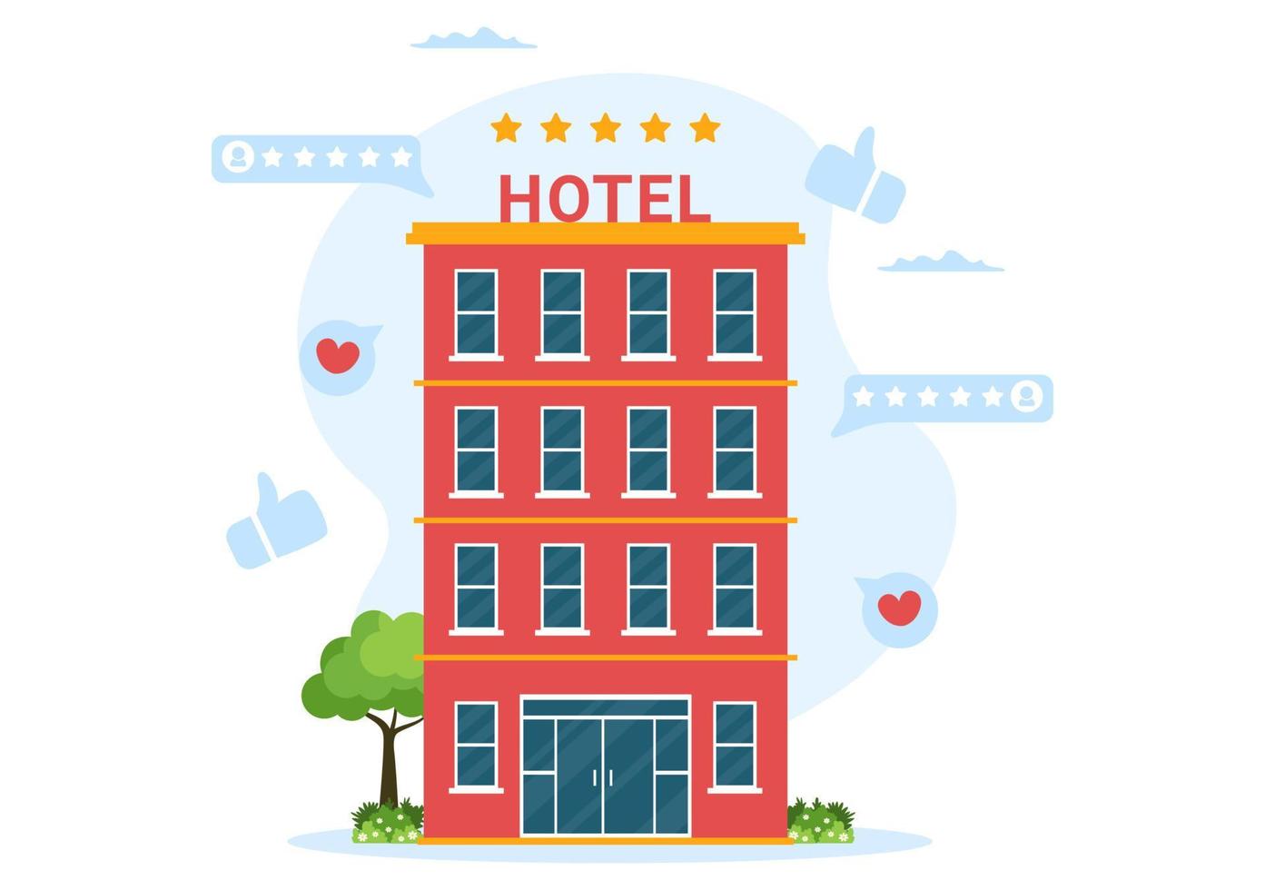 revisión de hotel con servicio de calificación, satisfacción del usuario con el cliente calificado, producto o experiencia en ilustración de plantillas dibujadas a mano de dibujos animados planos vector