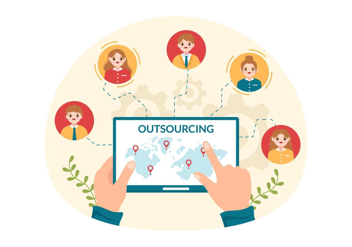 Outsourcing Business with Idea of Teamwork, Company Development, Investment and Project Delegation in Flat Cartoon Hand Drawn Templates Illustration vector
