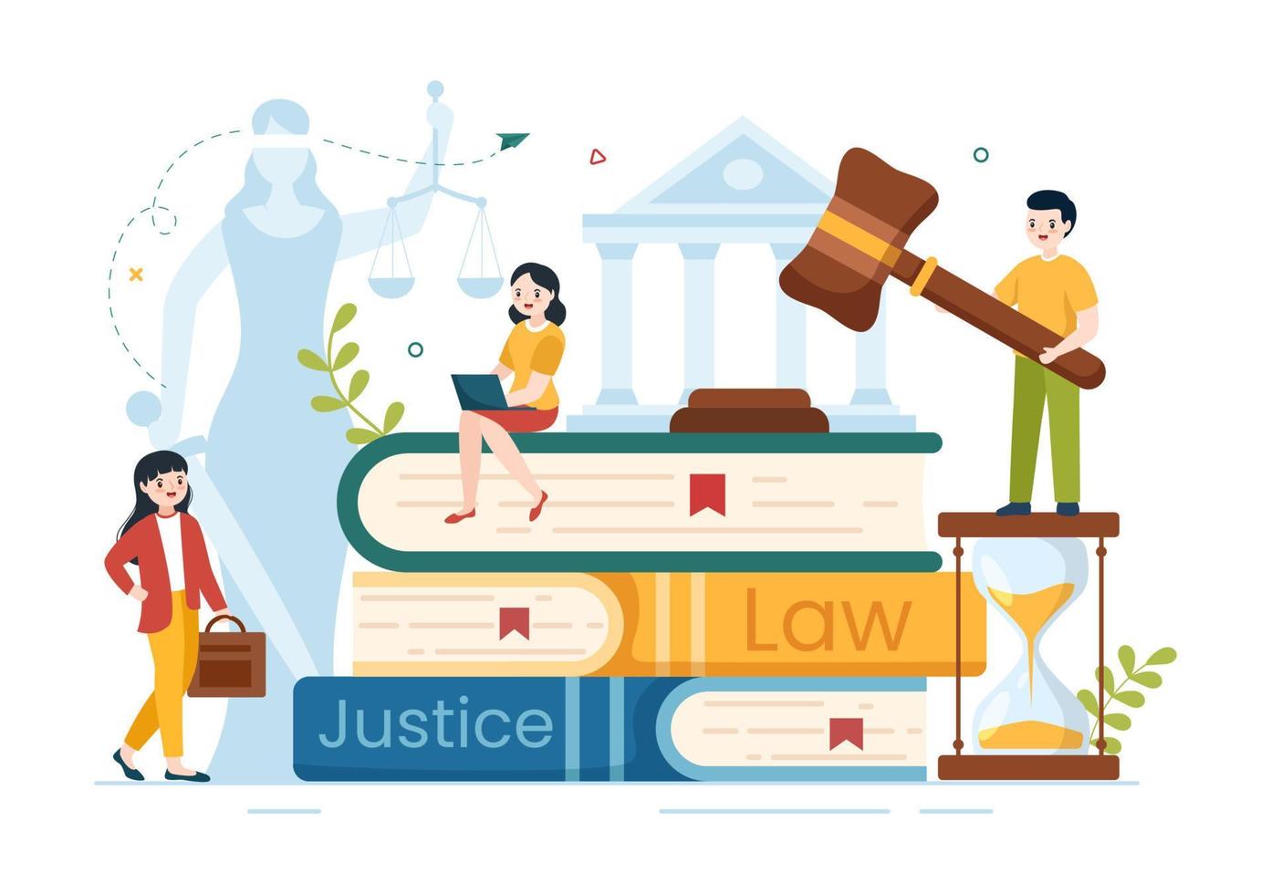 servicios de bufete de abogados con justicia, asesoramiento legal, juicio y consultor de abogados en carteles de dibujos animados planos dibujados a mano ilustración de plantillas vector