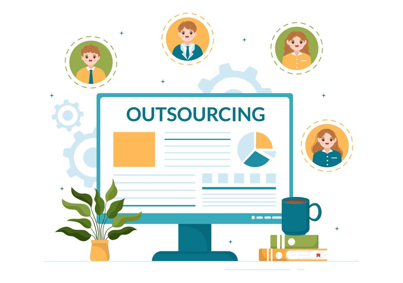 Outsourcing Business with Idea of Teamwork, Company Development, Investment and Project Delegation in Flat Cartoon Hand Drawn Templates Illustration vector