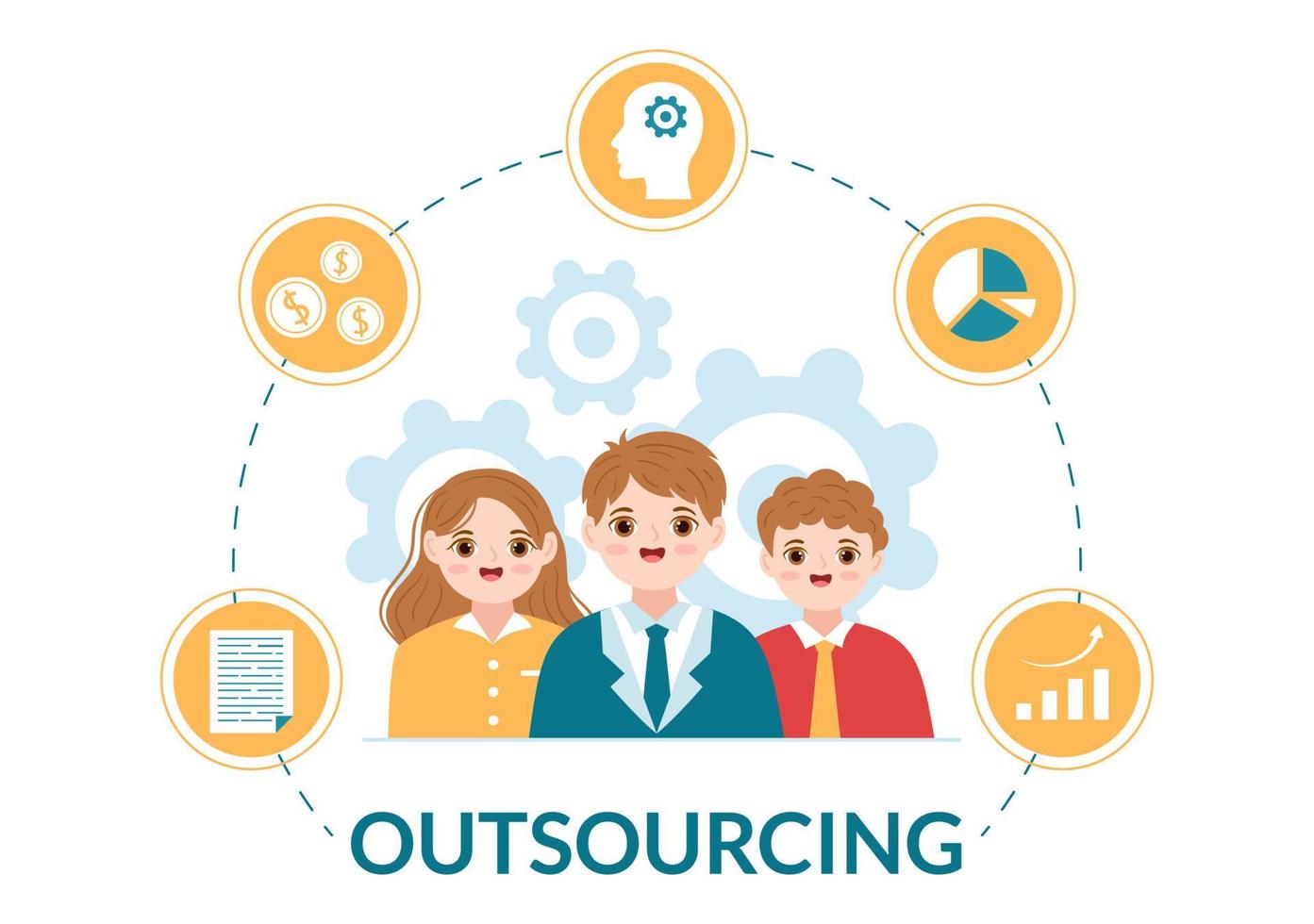 Outsourcing Business with Idea of Teamwork, Company Development, Investment and Project Delegation in Flat Cartoon Hand Drawn Templates Illustration vector