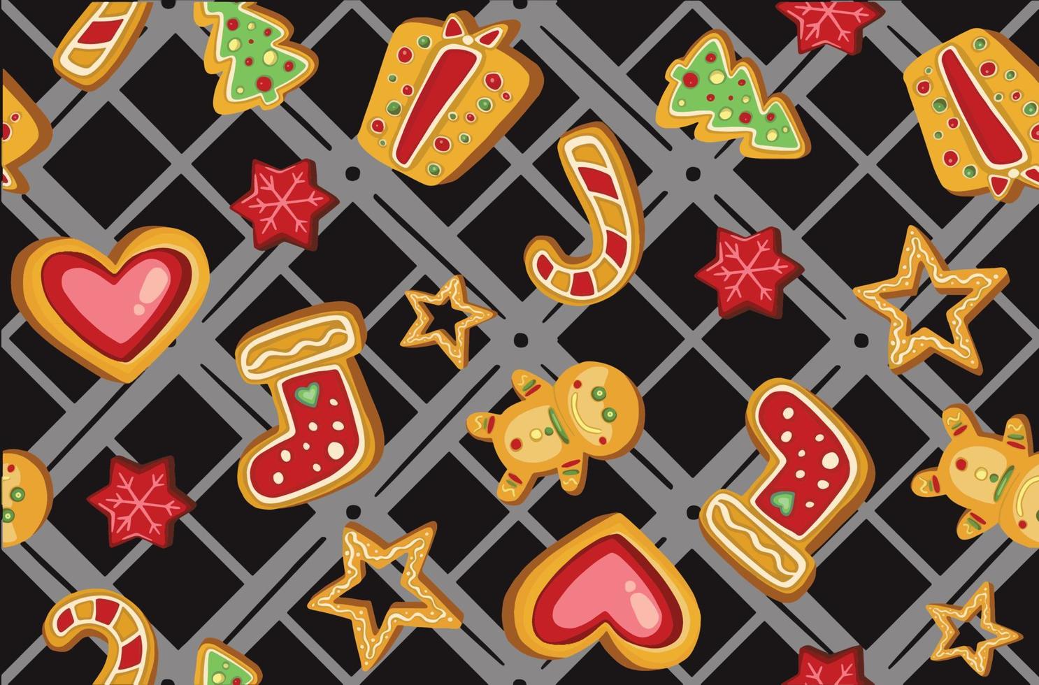 coloridos hermosos iconos de galletas de Navidad de patrones sin fisuras. fondo de respaldo de año nuevo decorado dulce - calcetín de bola de árbol de navidad de copo de nieve de santa estrella de hombre de pan de jengibre. vector