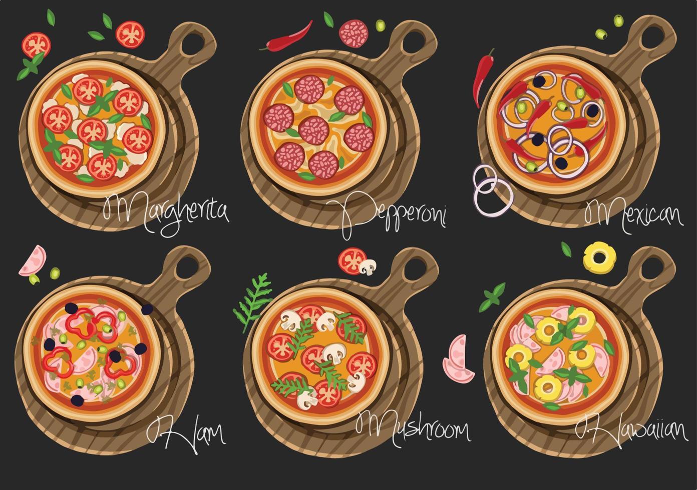 Set of pizzas with various fillings. illustration. Vector