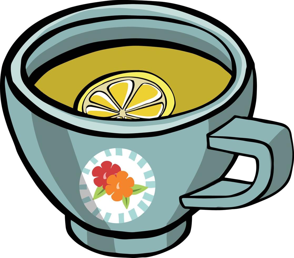 cup, mugs of tea with lemon isolated on white background. vector