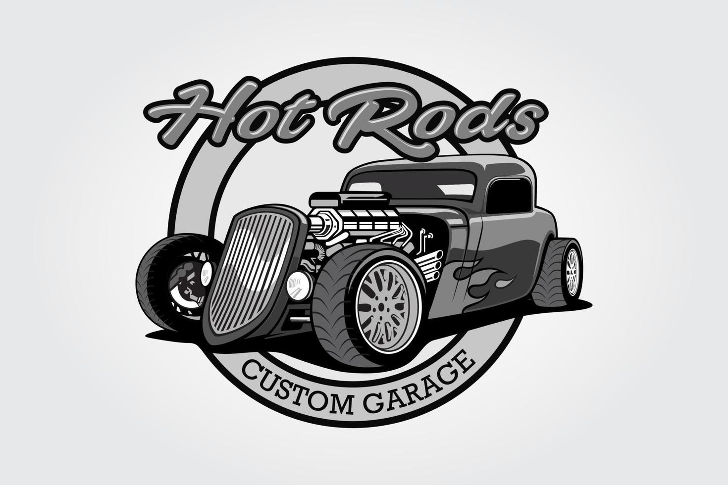 Hot Rods Costume Garage Vector Logo Template. Vector logo black white design with illustration of hot rods.