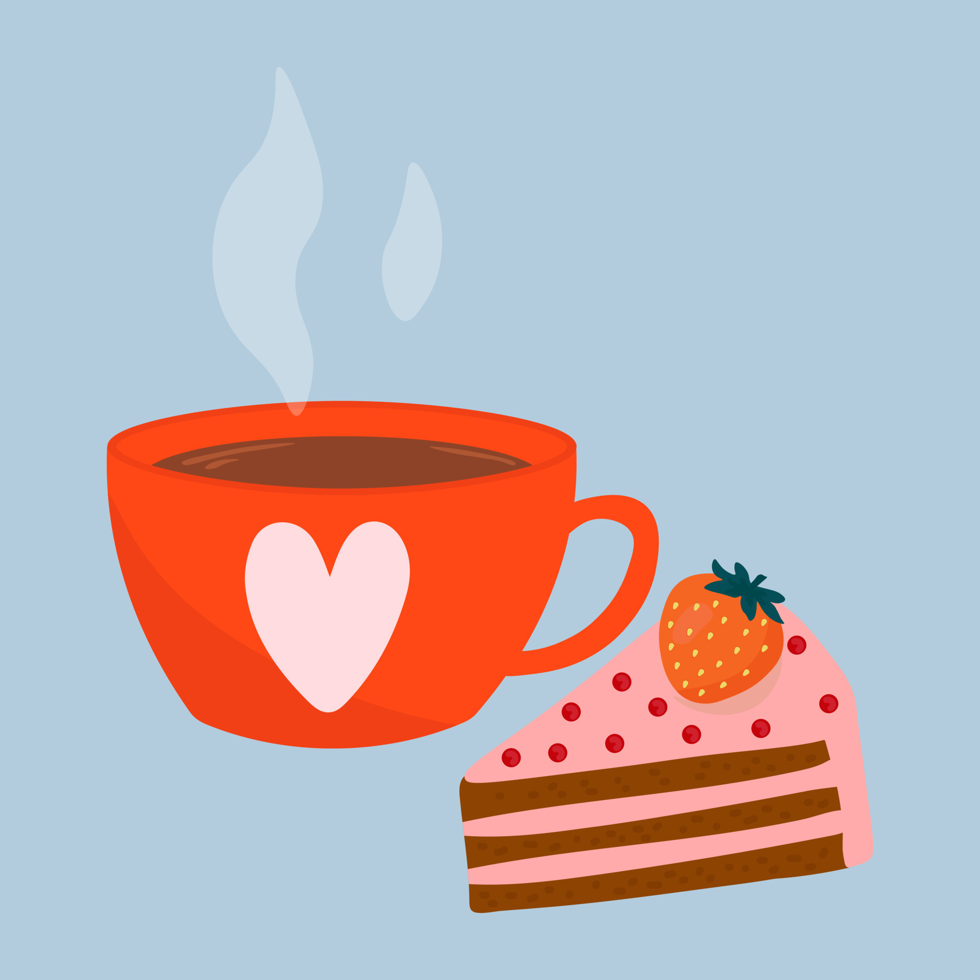 Coffee cup with sweet piece of cake. Hot drink isolated on blue