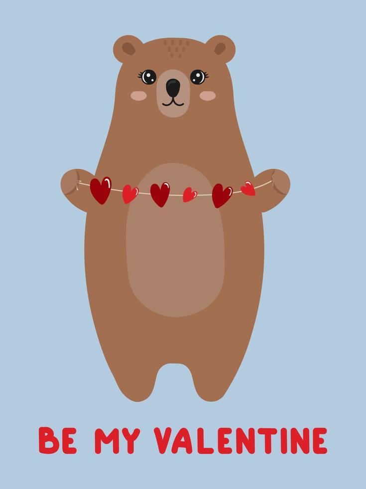 Cute bear holding a garland of hearts. Happy Valentine's Day. Be my valentine. vector