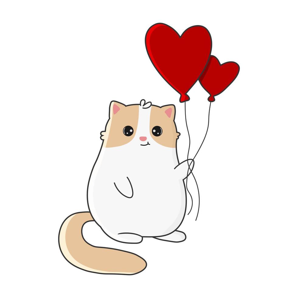 lindo gato de dibujos animados con globos. feliz tarjeta de felicitación del día de san valentín. ilustración vectorial vector