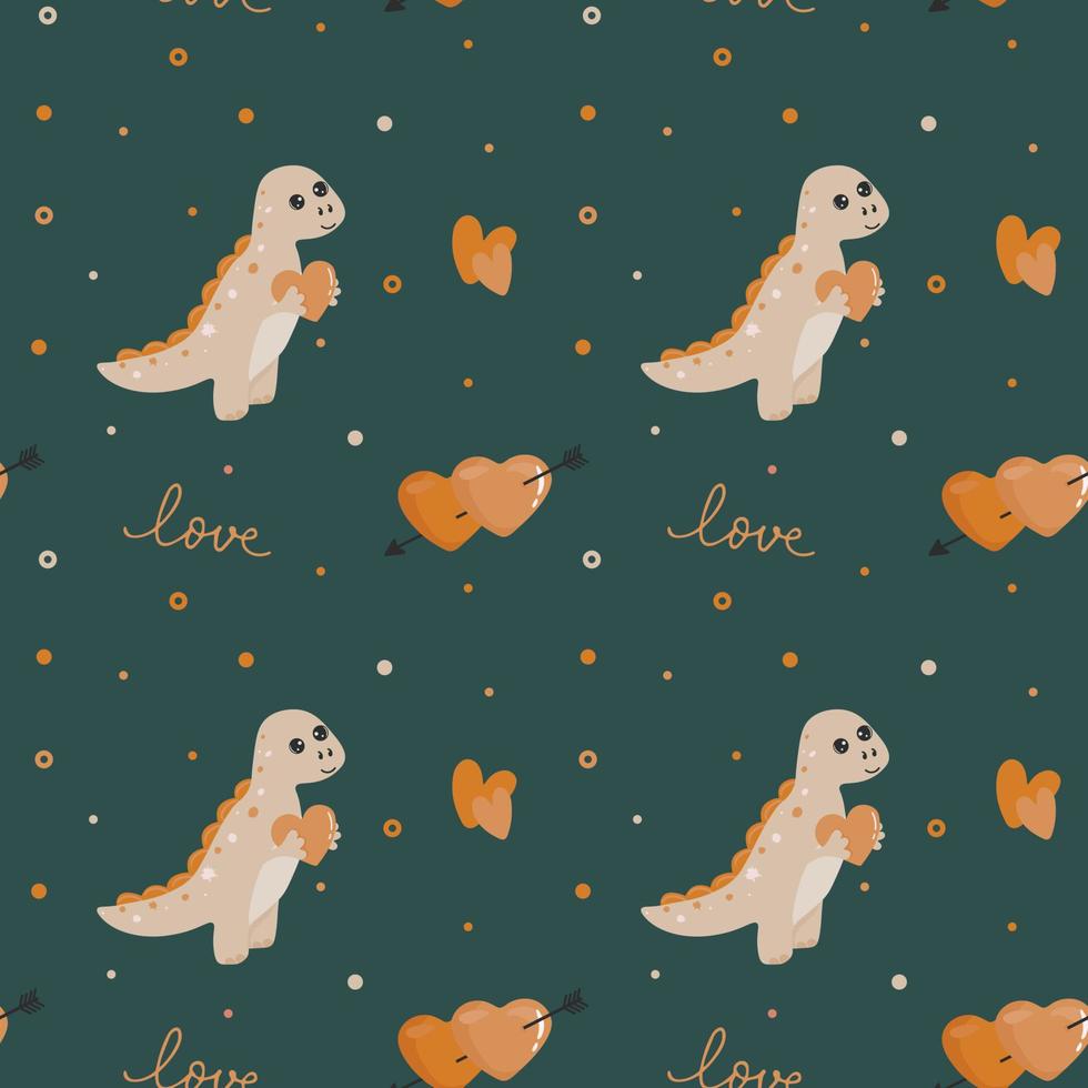 Seamless pattern with dinosaur and hearts. Background for wrapping paper, greeting cards and seasonal designs. Happy Valentine's day. vector