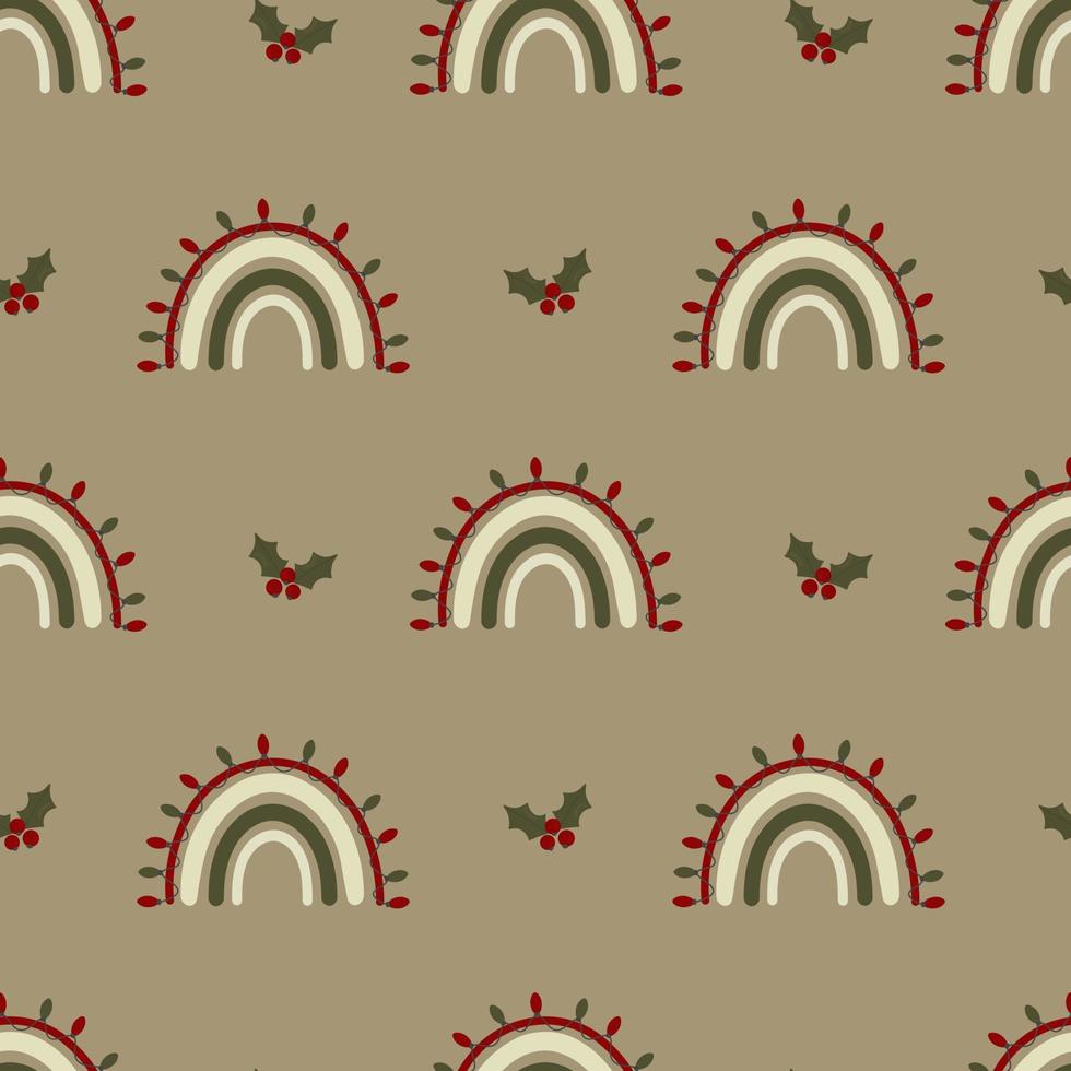 Seamless christmas pattern. Background with rainbow, mistletoe. Perfect for wrapping paper, greeting cards, textile vector