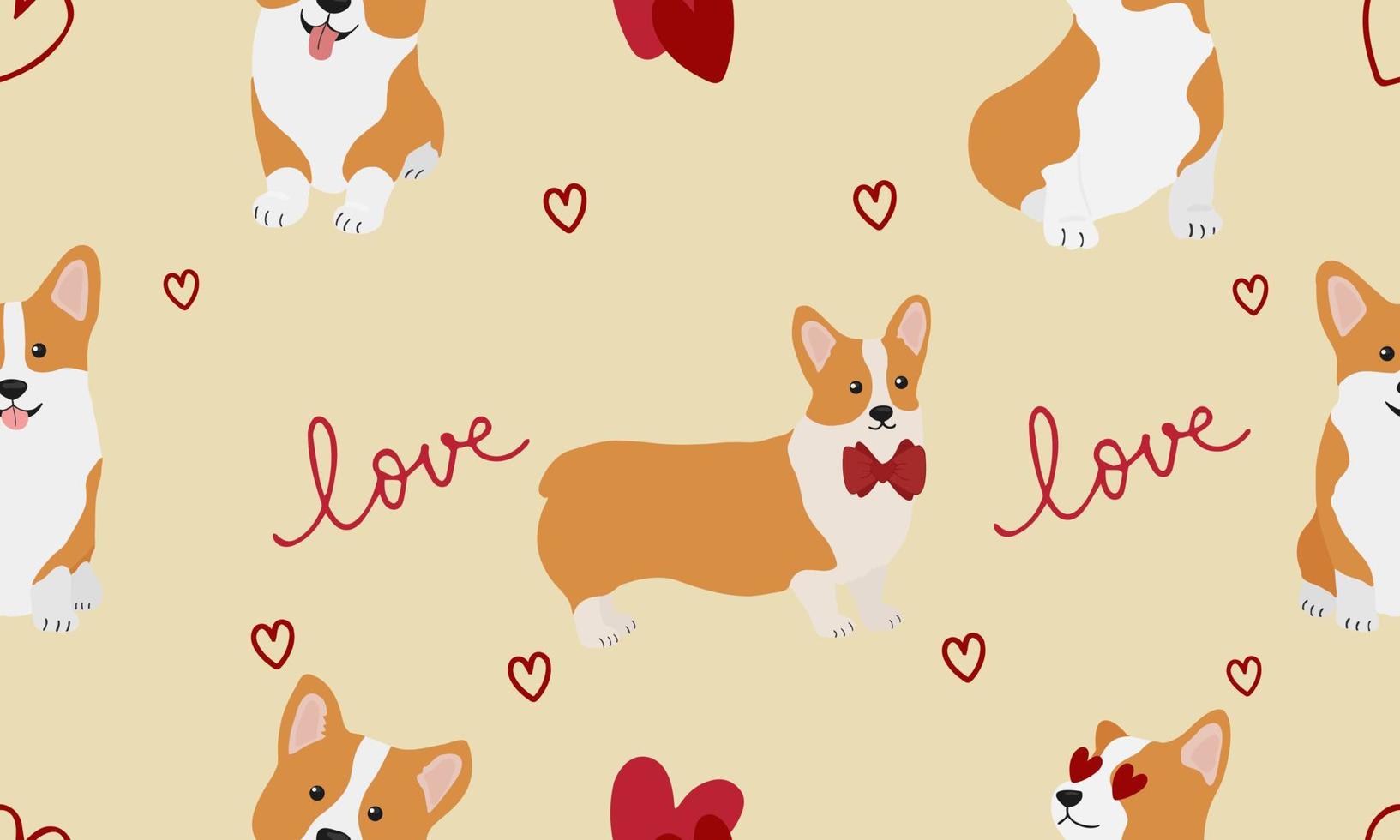 Seamless patten with  corgis and hearts. Background for wrapping paper,  greeting cards and seasonal designs. Happy Valentine's day. vector